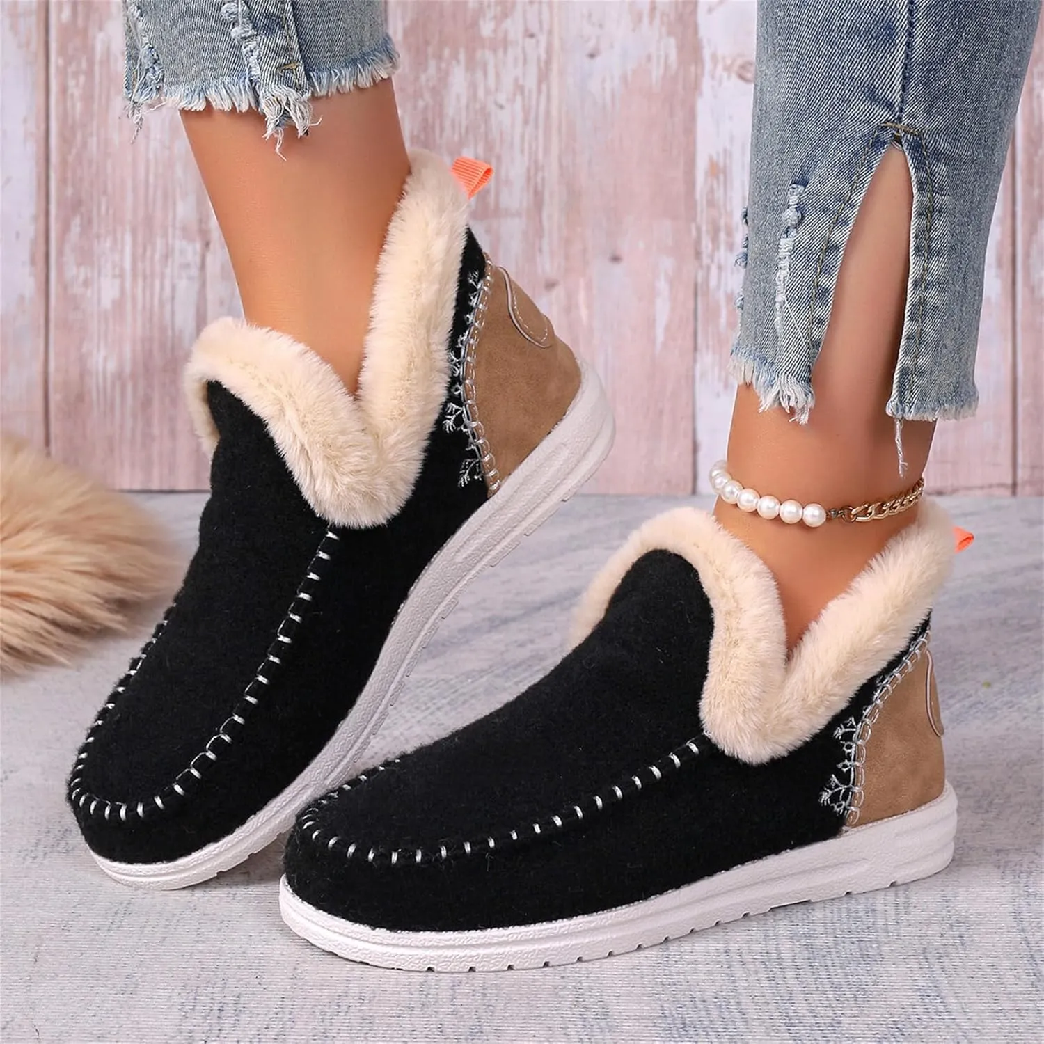 Booties For Women 2024 Winter Snow Boots Slip on Fur Lined Cold Weather Warm Ankle Booties Comfortable Loafers Shoes