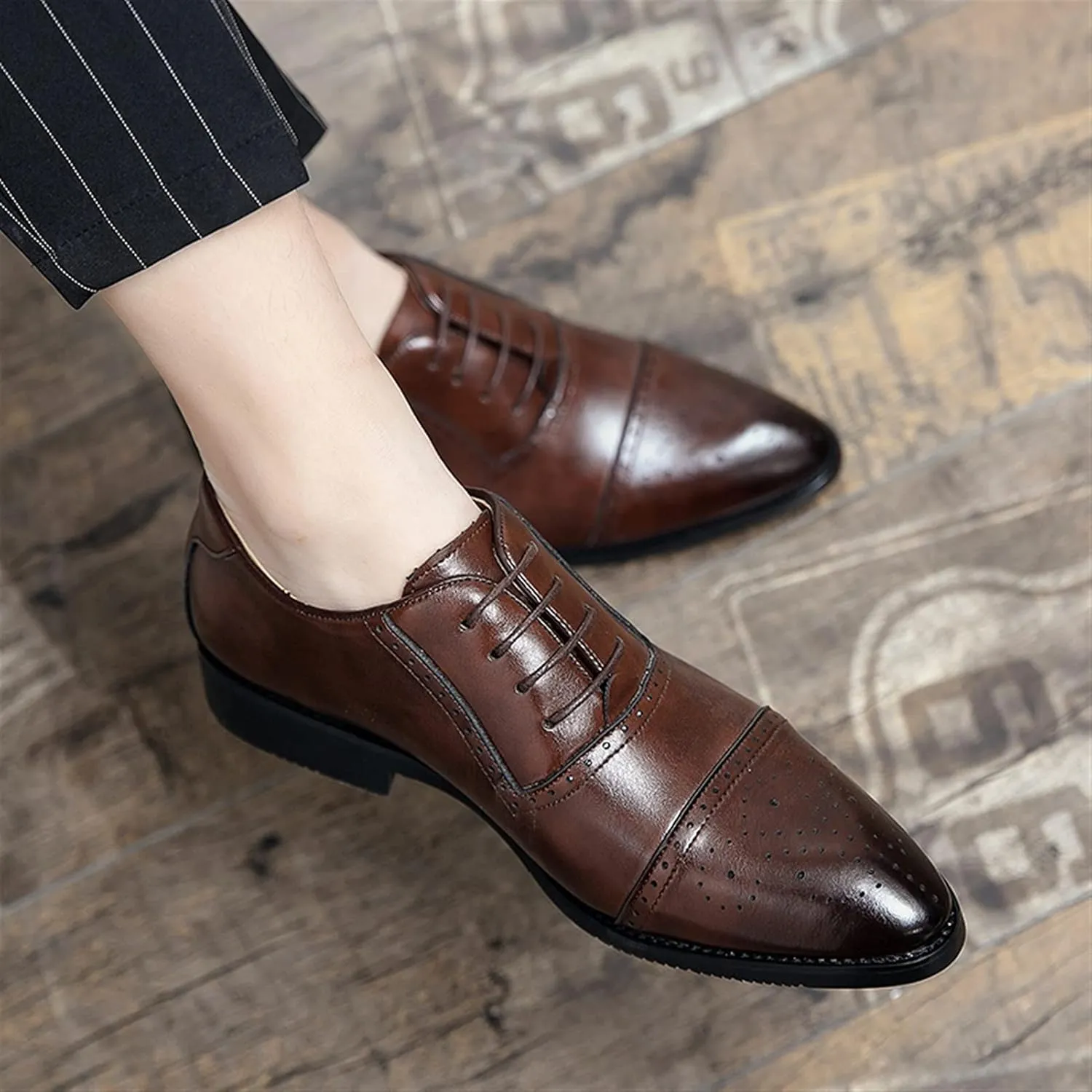 Dress Shoes for Men Lace Up Brogue Embossed Cap Toe Burnished Toe PU Leather Non Slip Low Top Slip Resistant Anti-Slip Classic (Color : Brown, Size : 10)