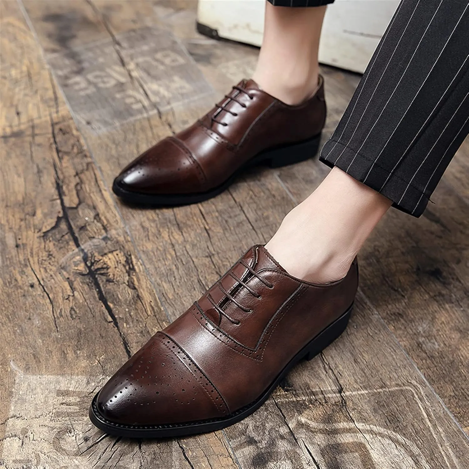 Dress Shoes for Men Lace Up Brogue Embossed Cap Toe Burnished Toe PU Leather Non Slip Low Top Slip Resistant Anti-Slip Classic (Color : Brown, Size : 10)
