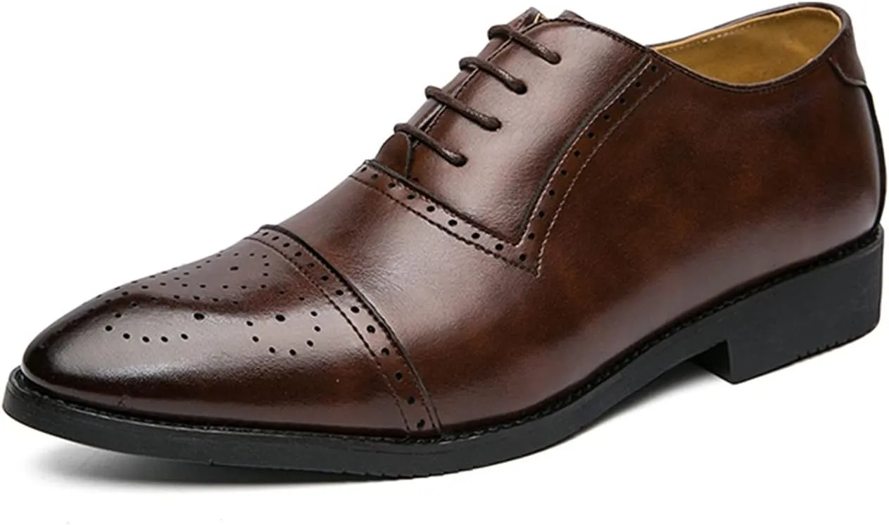 Dress Shoes for Men Lace Up Brogue Embossed Cap Toe Burnished Toe PU Leather Non Slip Low Top Slip Resistant Anti-Slip Classic (Color : Brown, Size : 10)