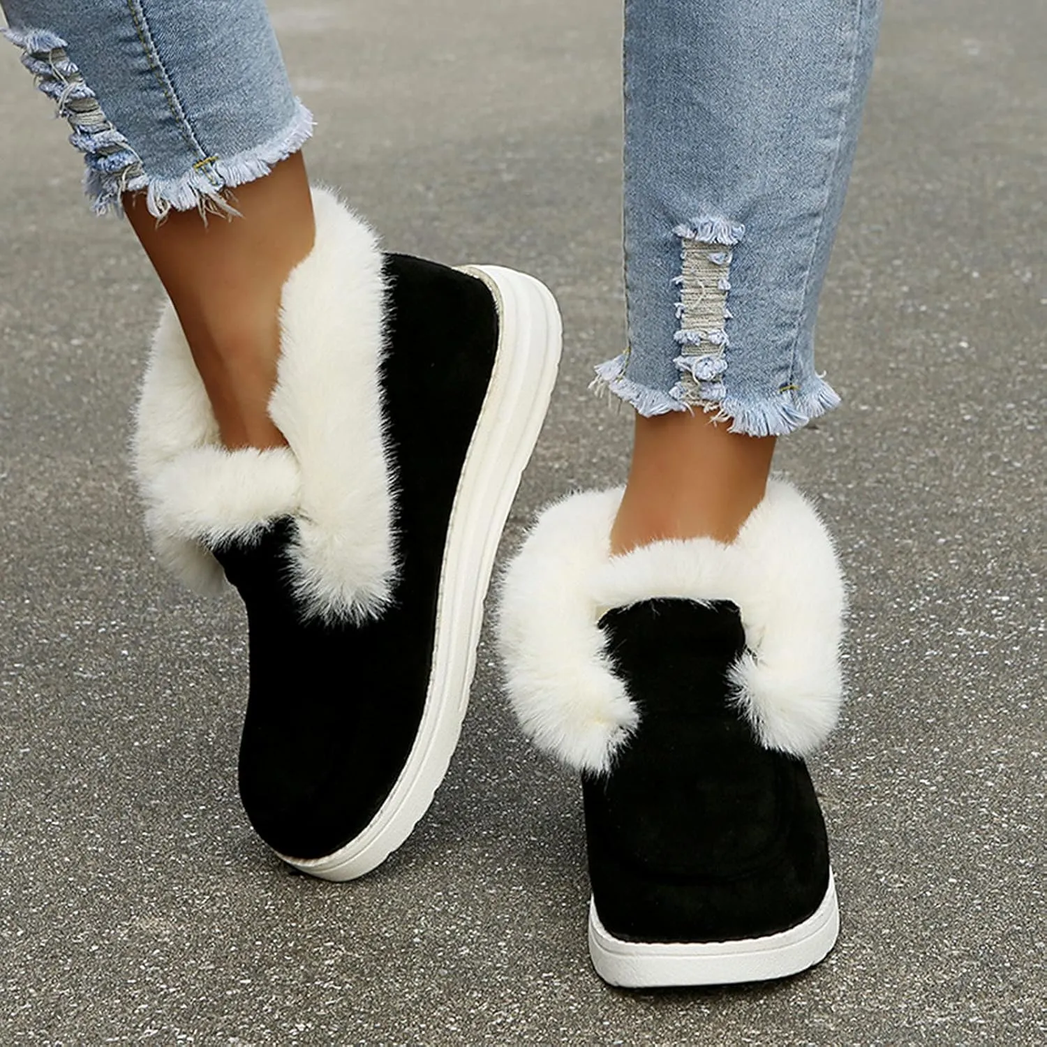 Flat Boots Cute Warm Winter Durable Shoes Casual Fashion Fur Lining Ankle Snow Boots Loafer Flats Platform Thick Plush Shoes for Women