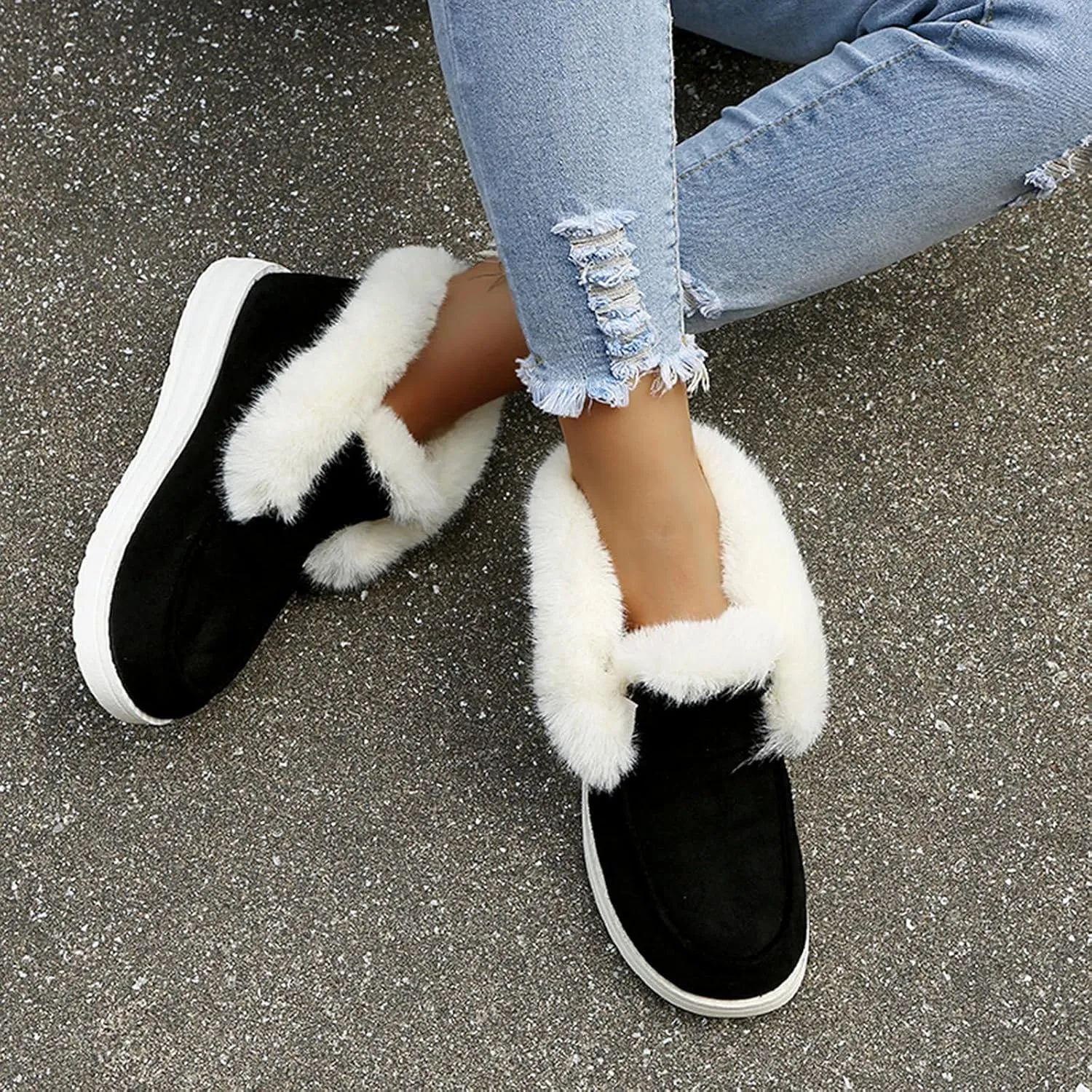 Flat Boots Cute Warm Winter Durable Shoes Casual Fashion Fur Lining Ankle Snow Boots Loafer Flats Platform Thick Plush Shoes for Women