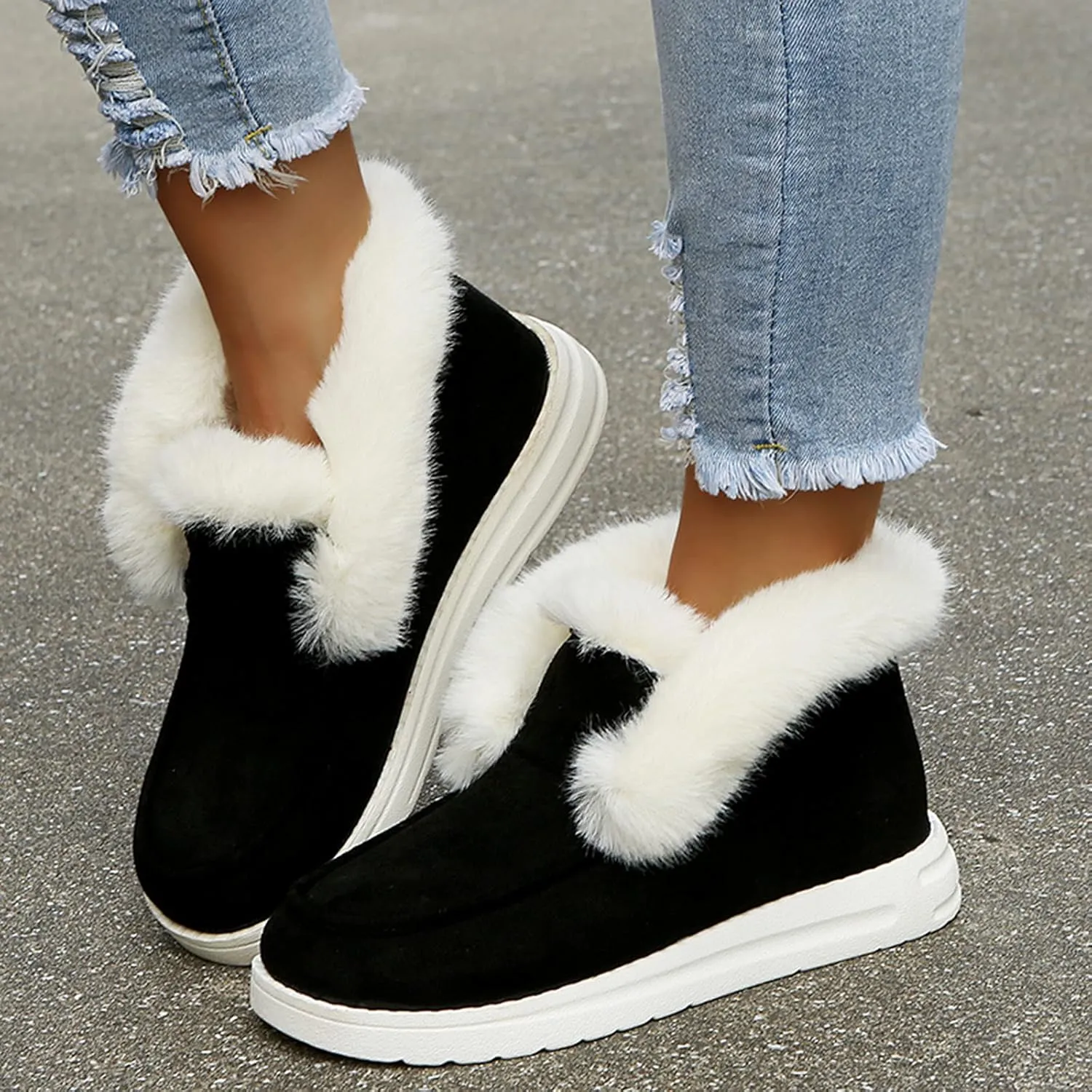 Flat Boots Cute Warm Winter Durable Shoes Casual Fashion Fur Lining Ankle Snow Boots Loafer Flats Platform Thick Plush Shoes for Women