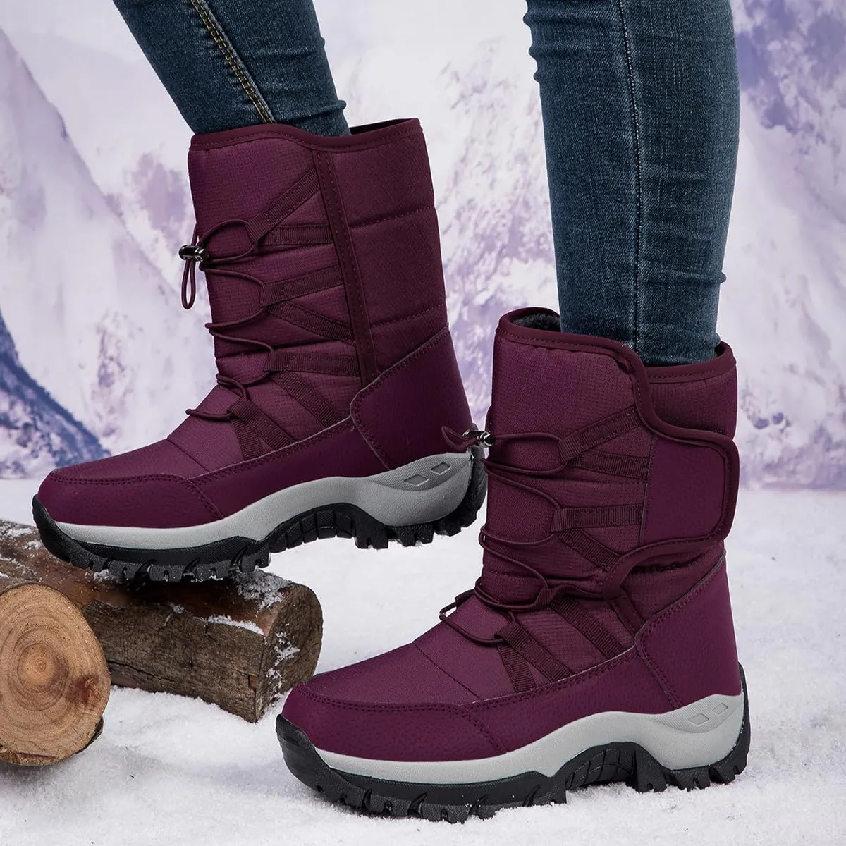 Frank Mully Women's Winter Boots Warm Comfortable Faux Fur Insulated Mid-Calf Boots Lace up Snow Boots Non Slip Combat Boots Waterproof
