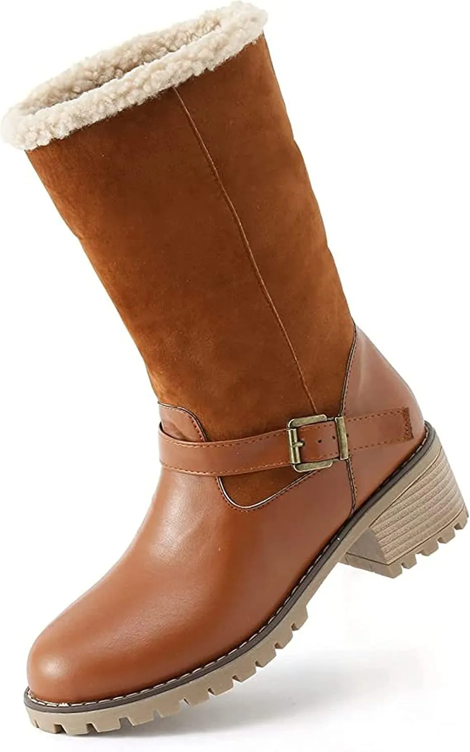Ladmiple Snow Boots For Women Tall Mid Calf Warm Fur Lined Winter Boots Outdoor Fashion Comfortable Slip On Walking Shoes
