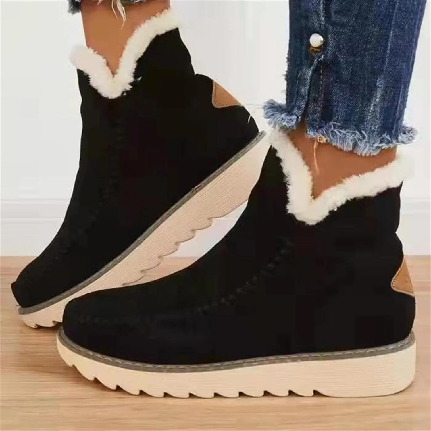 Ladmiple Winter Boots For Women With Fur Lined Warm Snow Boots Outdoor Short Ankle Booties Slip On Comfortable Shoes