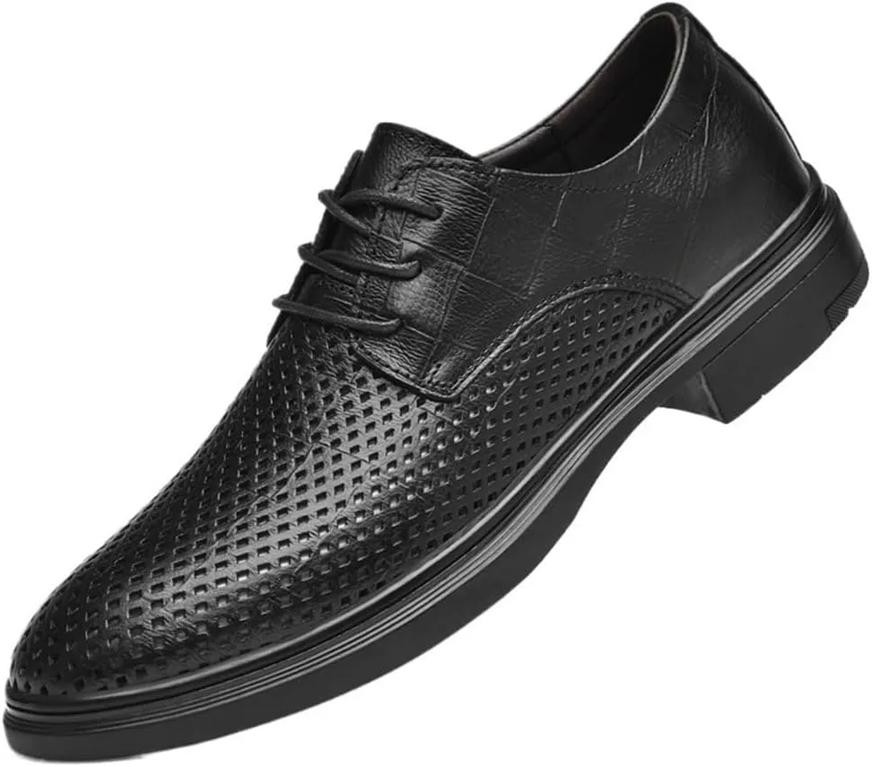 Mens Breathable Oxford Dress Shoes Leather Lace Up Round Toe Wedding Tuxedo Prom Anti Slip Block Heel Formal Business