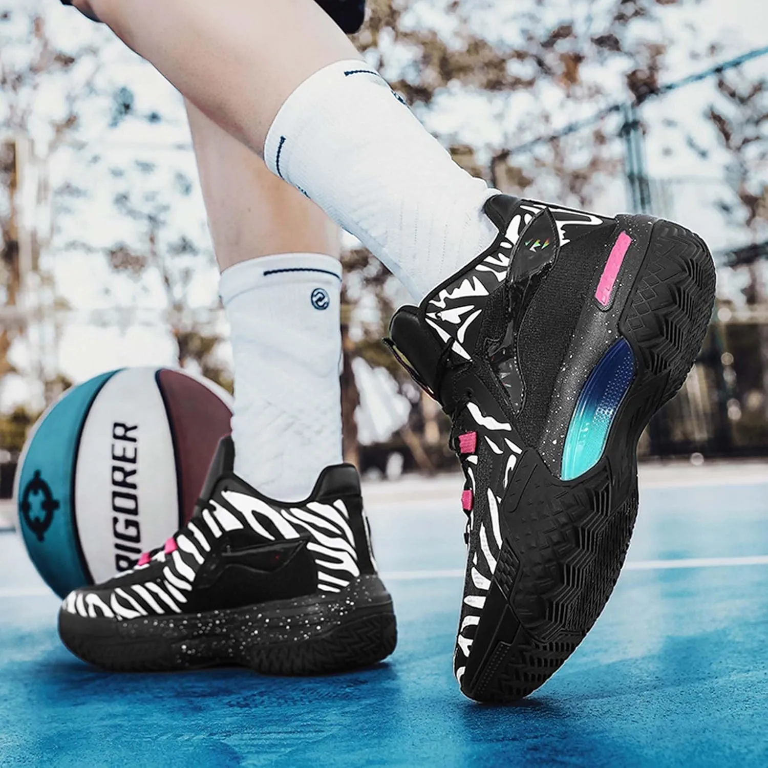 Men's Fluorescent Basketball Shoes Teenage Arch Support Fashion Sneakers Women's Anti-Slip Lightweight Sports High Top Basketball Running Fitness Tennis Athletic Shoes