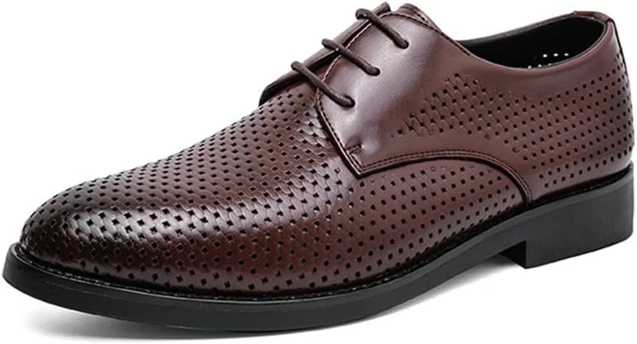Mens Oxford Dress Shoes Leather Breathable Hollow Small Square Toe Polished Handmade Business Formal Fashion