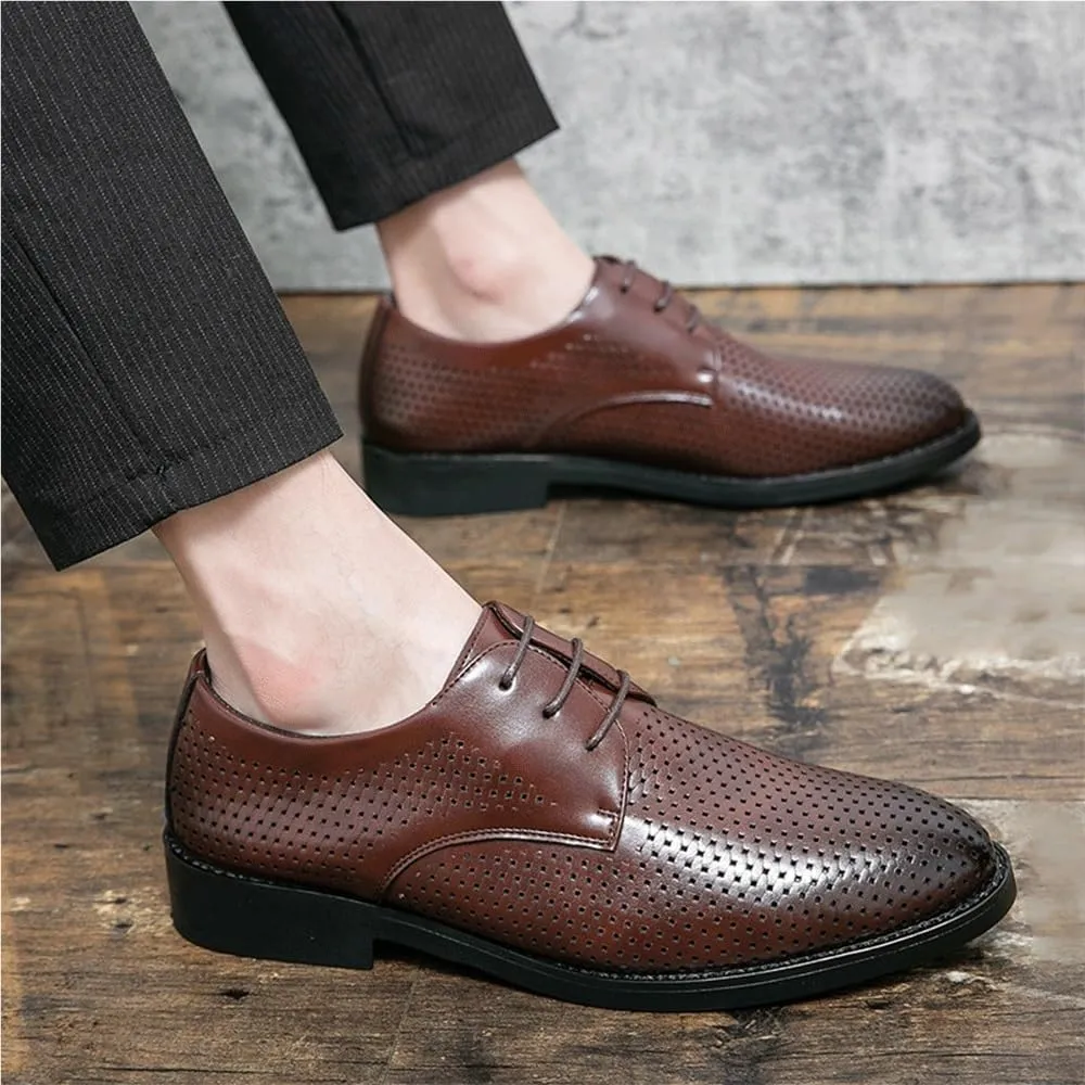 Mens Oxford Dress Shoes Leather Breathable Hollow Small Square Toe Polished Handmade Business Formal Fashion