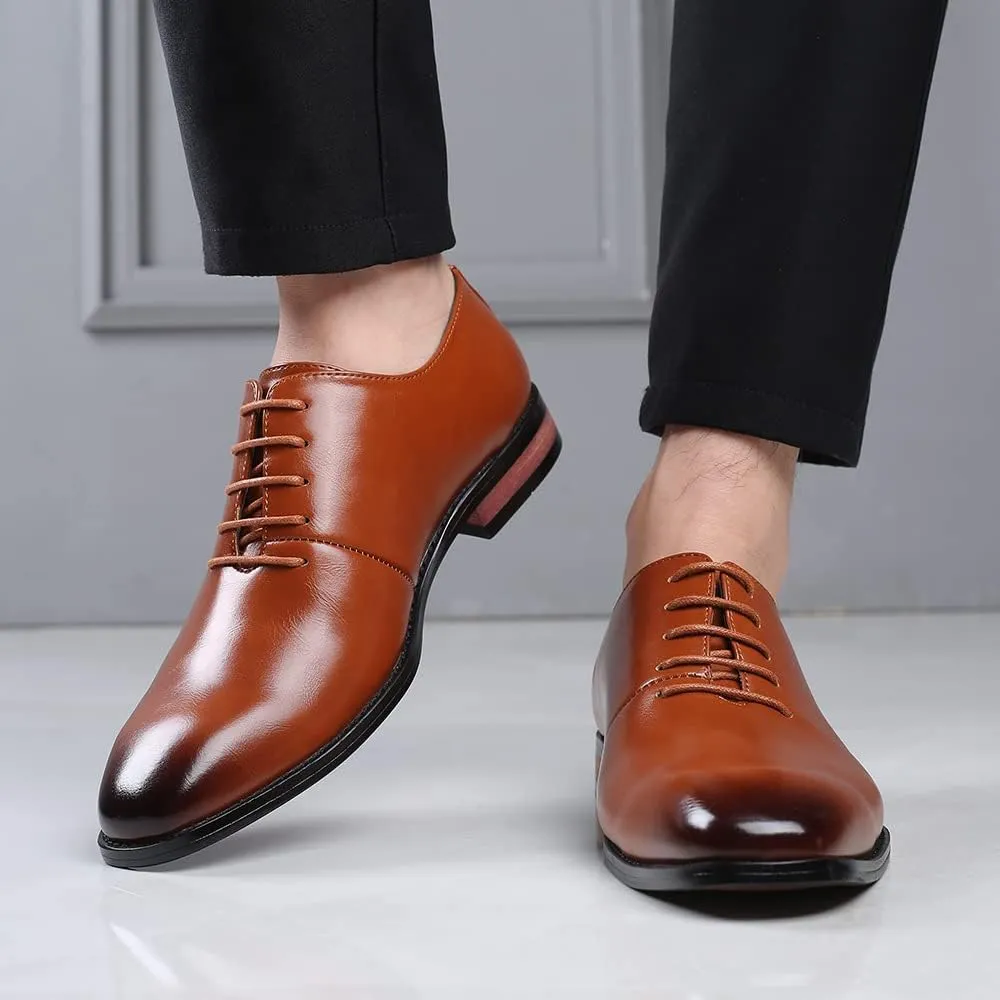 Men's Retro Slip-on Lace Up Business Oxfords Dress Classic Non Slip Casual Leather Work Dress Shoes Fashion Comfortable Formal Wedding Shoes