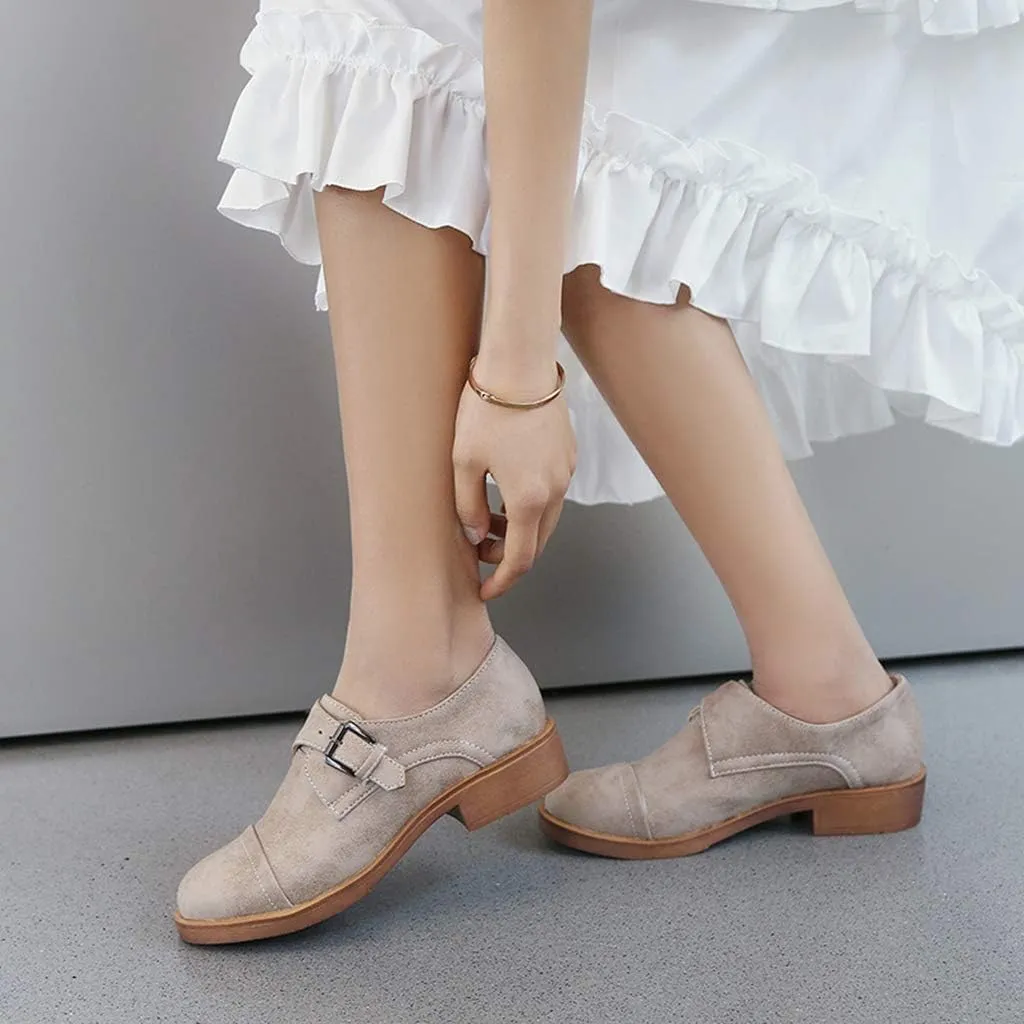 MIOKE Women's Classic Retro Flat Oxford Brogues Buckle Slip On Low Heel Vintage Western Dress Oxford Shoes