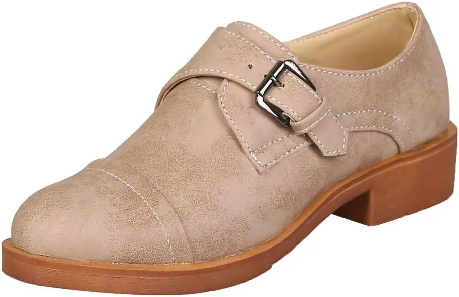 MIOKE Women's Classic Retro Flat Oxford Brogues Buckle Slip On Low Heel Vintage Western Dress Oxford Shoes