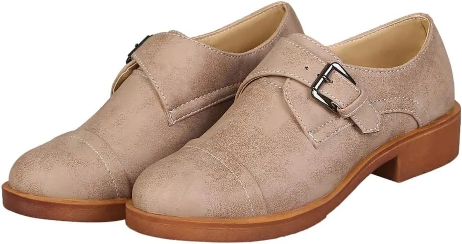 MIOKE Women's Classic Retro Flat Oxford Brogues Buckle Slip On Low Heel Vintage Western Dress Oxford Shoes