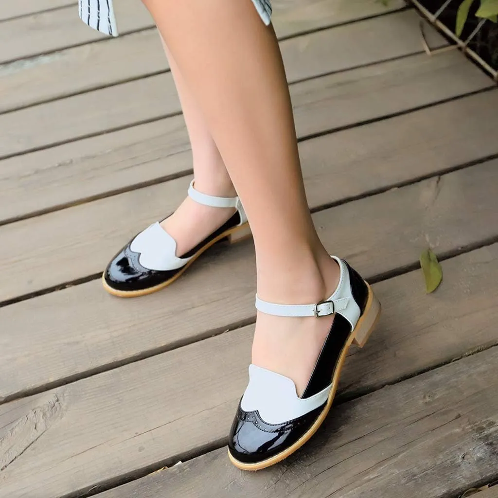 MIOKE Women's Two Tone Flat Mary Jane Oxford Shoes Wingtip Buckle Low Heel Vintage Saddle Oxfords Brogues