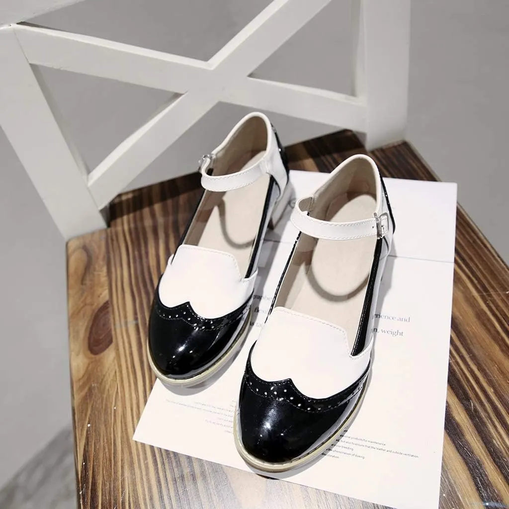 MIOKE Women's Two Tone Flat Mary Jane Oxford Shoes Wingtip Buckle Low Heel Vintage Saddle Oxfords Brogues