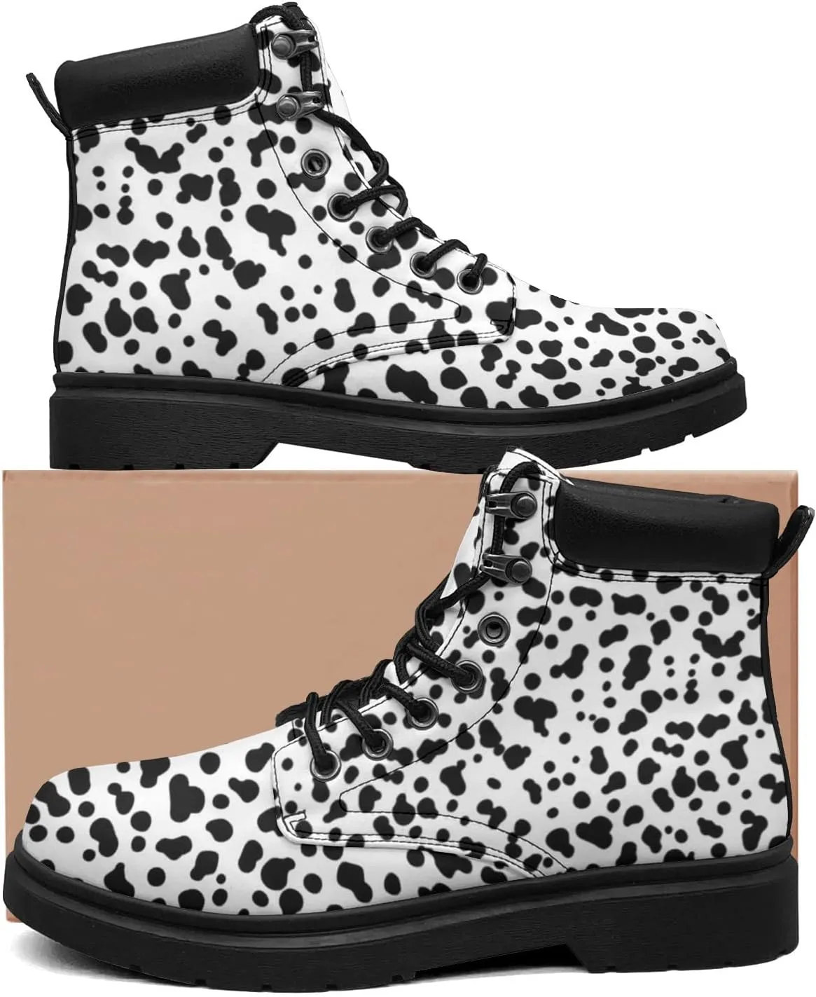 Pitovozu Colorful Dog Footprints Boots Womens Snow Boots Ankle Anti-Slip Combat Boots Lace Up Winter Waterproof Leather Boots Shoes Gifts for Women