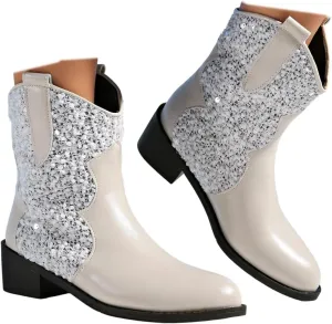 SACFOF Womens Cowboy Boots Pointed Toe Glitter Chunky Block Heel Sparkly Cowgirl Western Ankle Booties