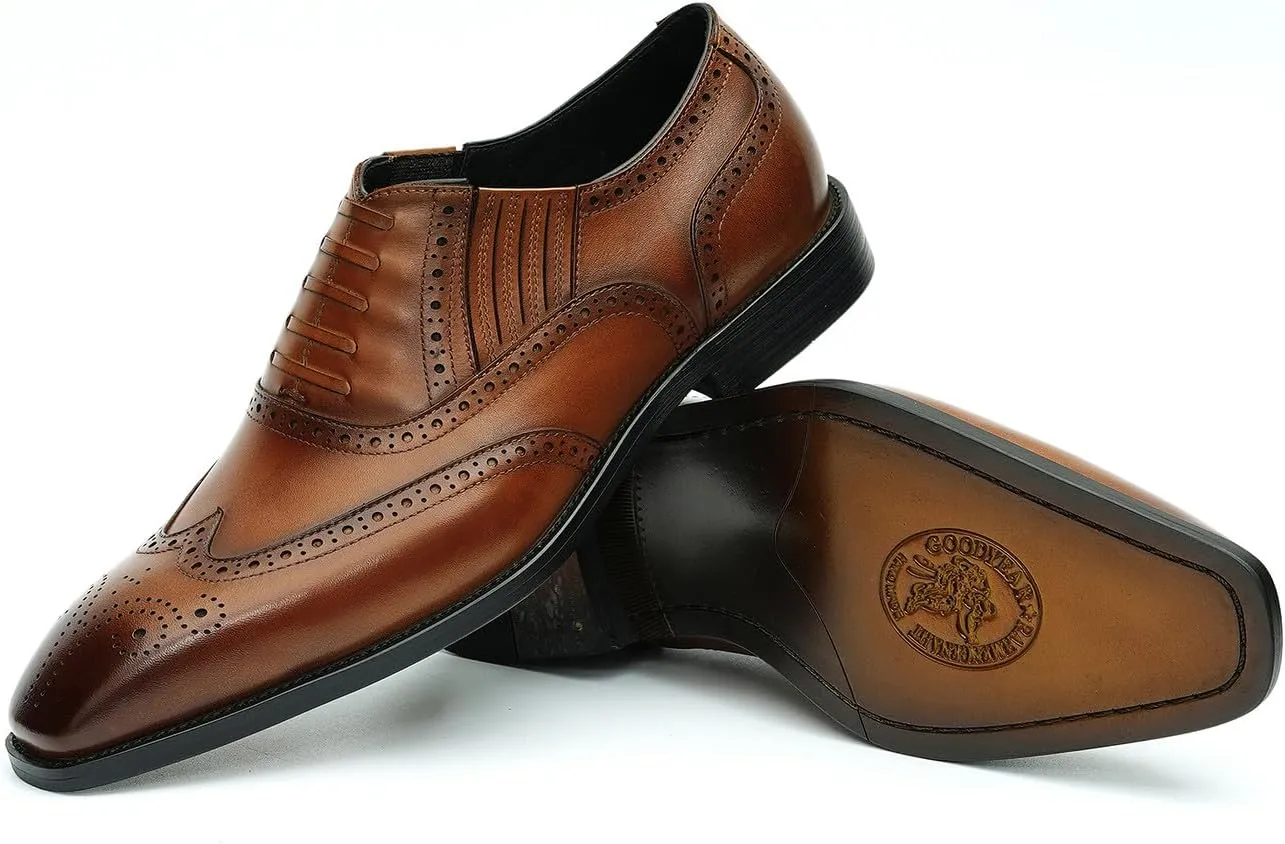 Santimon Men's Oxfords Formal Dress Slip On Derby Business Prom Wingtip Brouges Shoes Tuxedo Wedding Casual Leather Shoes for Men