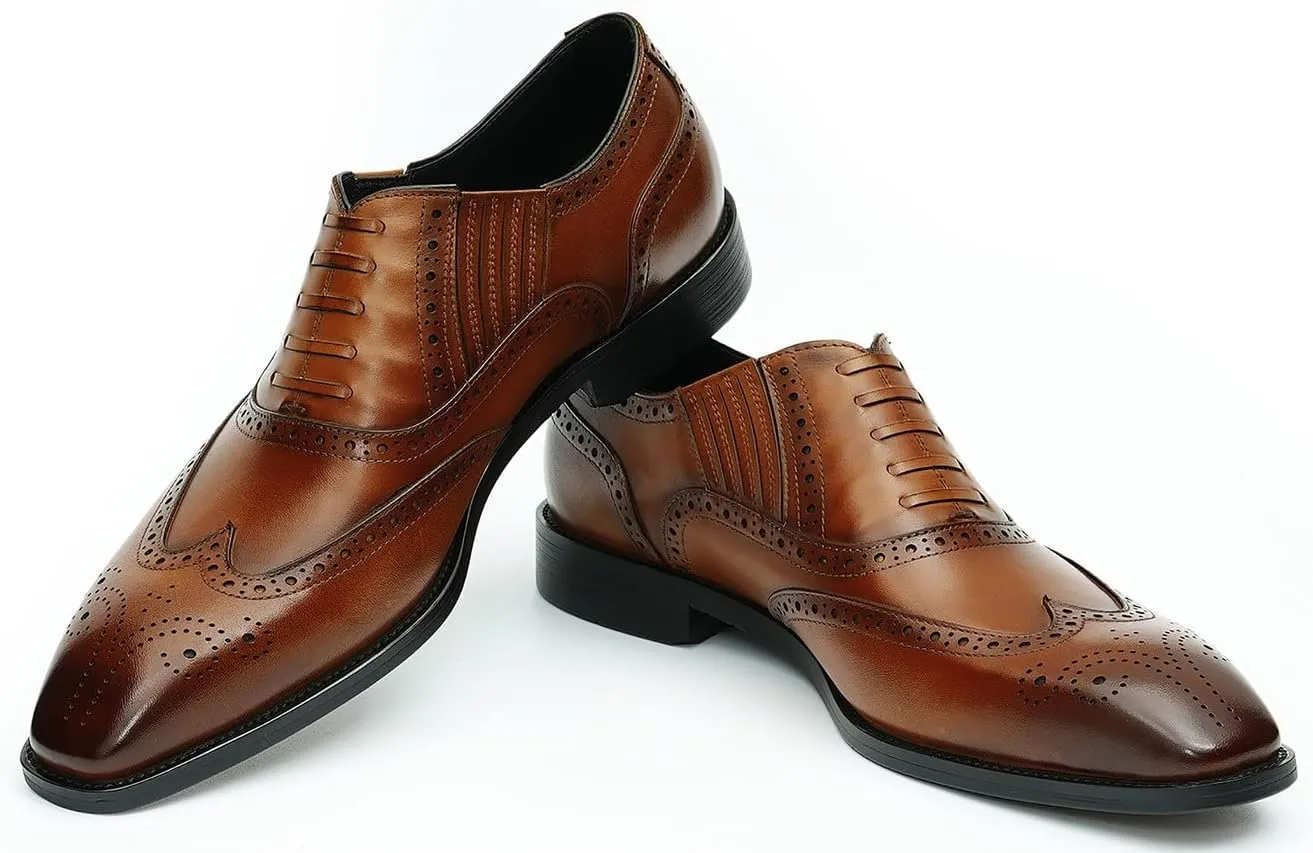 Santimon Men's Oxfords Formal Dress Slip On Derby Business Prom Wingtip Brouges Shoes Tuxedo Wedding Casual Leather Shoes for Men