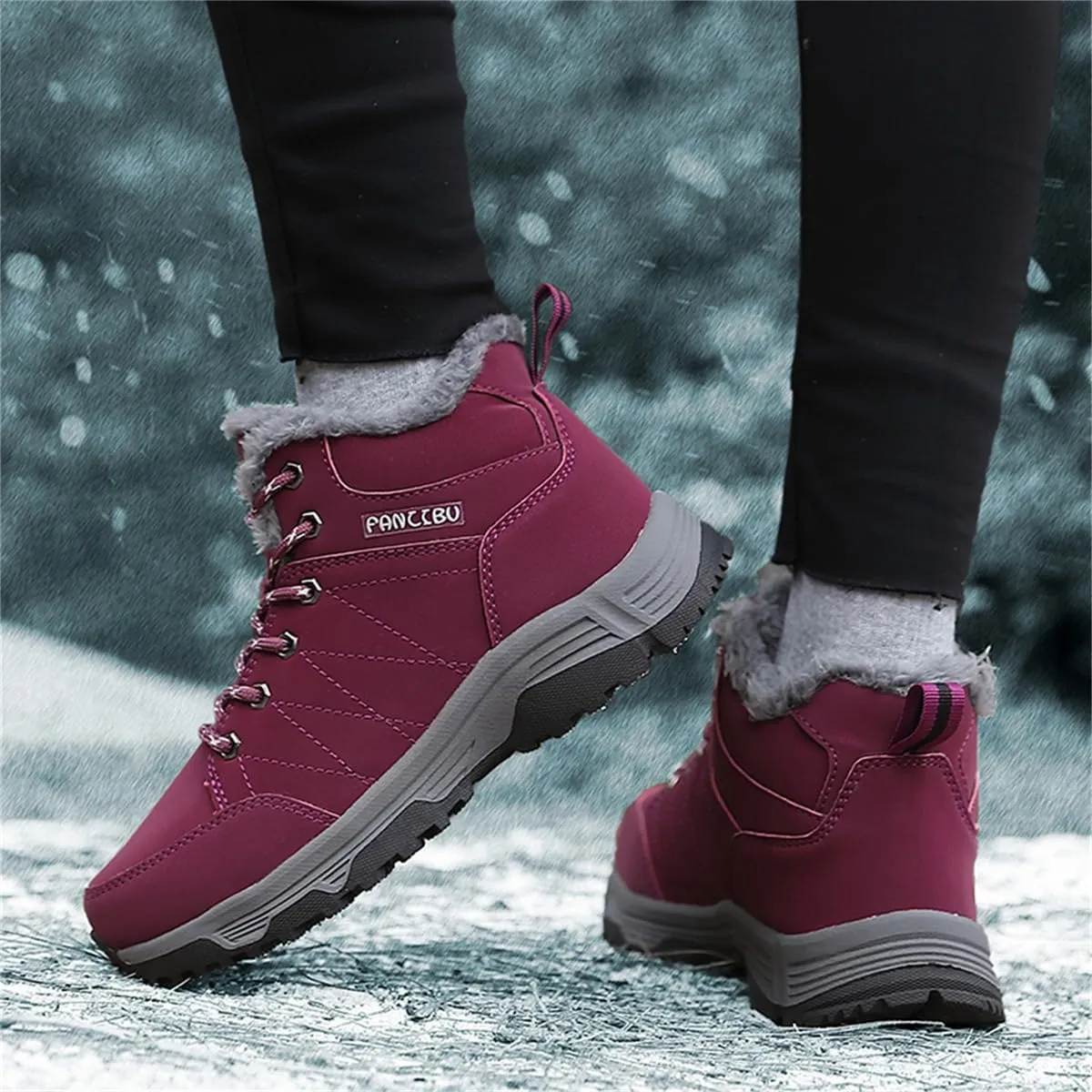 Veslexth Womens Casual Winter Hiking Ankle Boots Outdoor Snow Waterproof Lightweight Lace up Fur Lined Walking Shoes