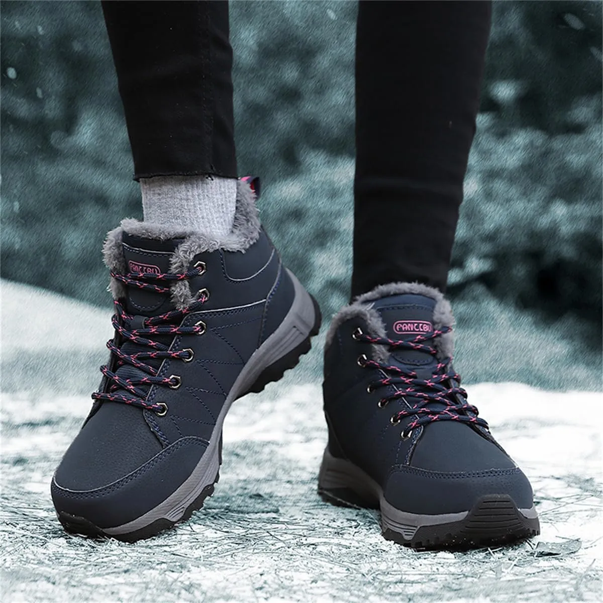Veslexth Womens Casual Winter Hiking Ankle Boots Outdoor Snow Waterproof Lightweight Lace up Fur Lined Walking Shoes