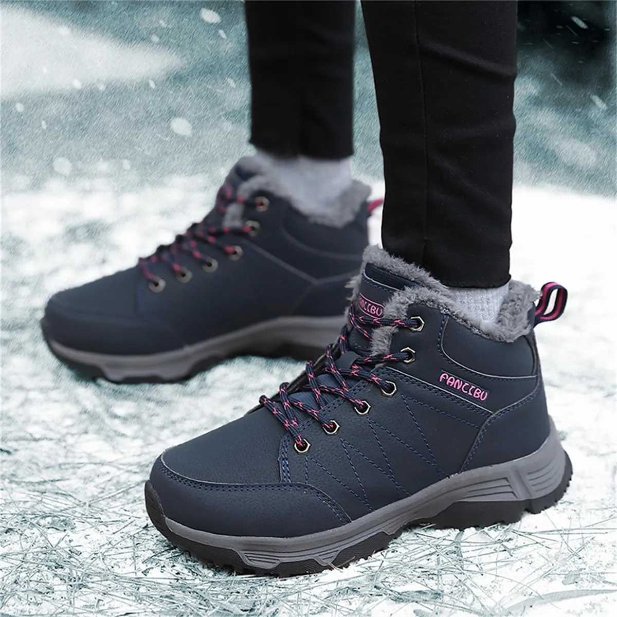Veslexth Womens Casual Winter Hiking Ankle Boots Outdoor Snow Waterproof Lightweight Lace up Fur Lined Walking Shoes
