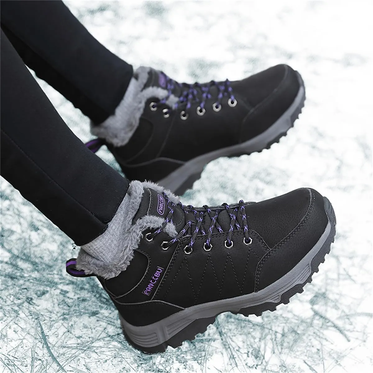 Veslexth Womens Casual Winter Hiking Ankle Boots Outdoor Snow Waterproof Lightweight Lace up Fur Lined Walking Shoes