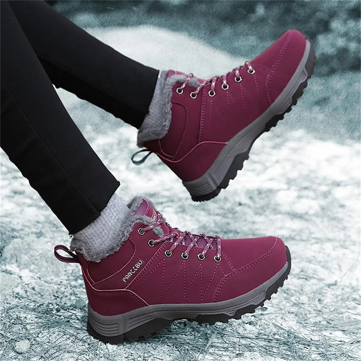 Veslexth Womens Casual Winter Hiking Ankle Boots Outdoor Snow Waterproof Lightweight Lace up Fur Lined Walking Shoes