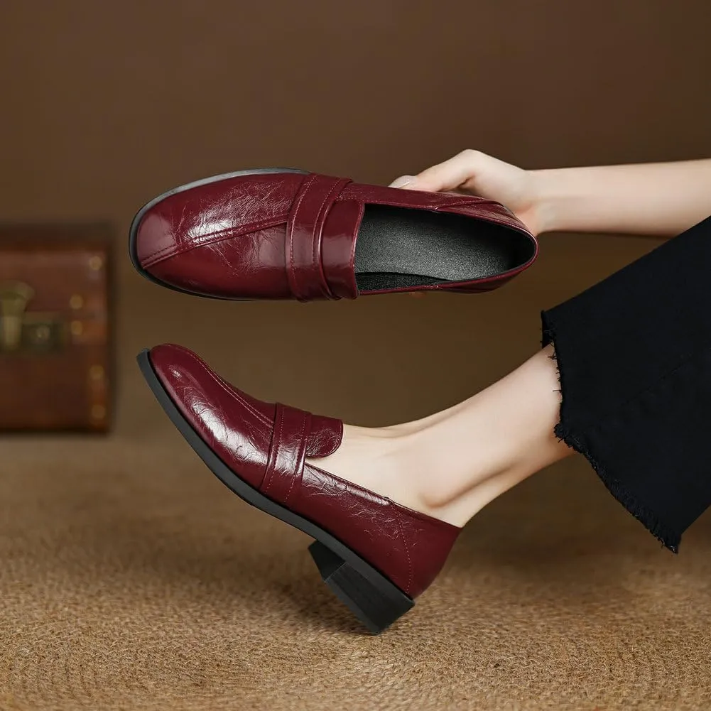 Womens Basic Oxford Shoes Black Red Chunky Low Heel Classic Penny Loafers Vintage Footwear