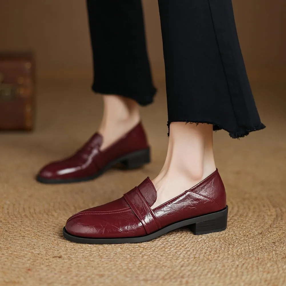 Womens Basic Oxford Shoes Black Red Chunky Low Heel Classic Penny Loafers Vintage Footwear