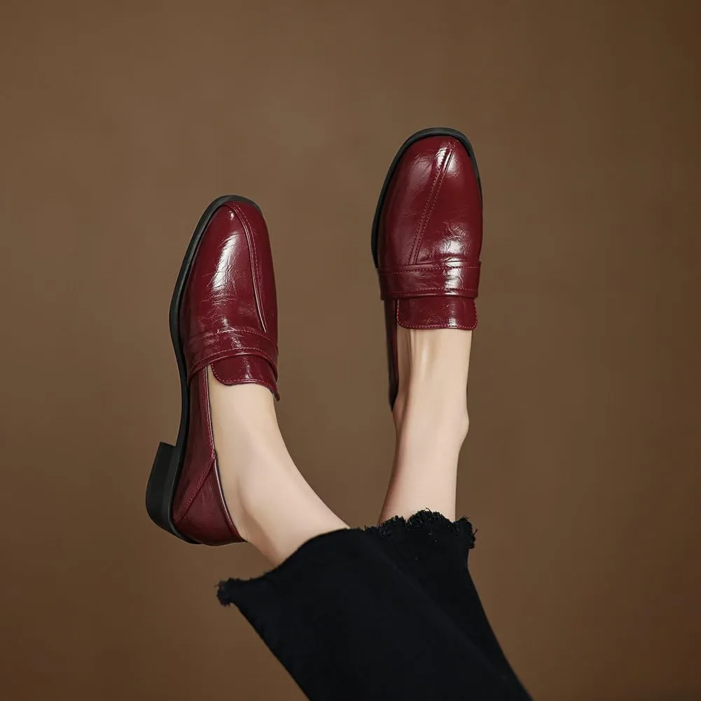 Womens Basic Oxford Shoes Black Red Chunky Low Heel Classic Penny Loafers Vintage Footwear