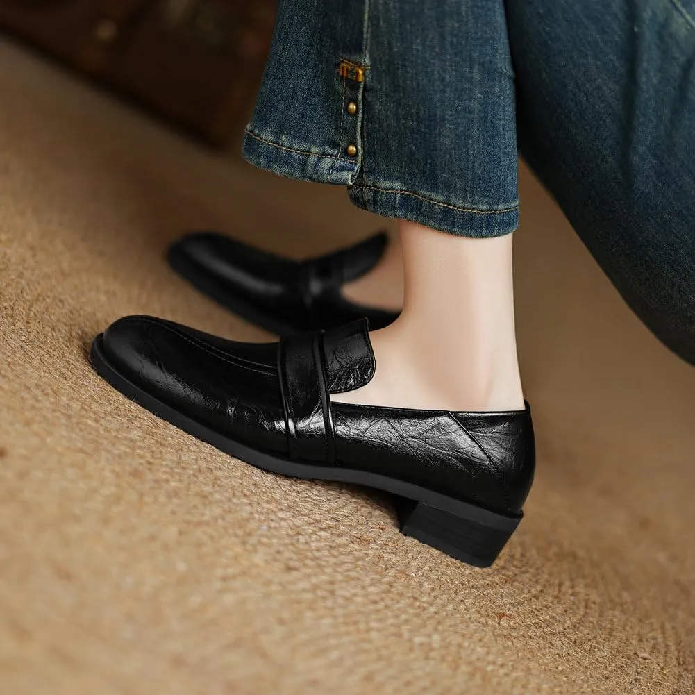 Womens Basic Oxford Shoes Black Red Chunky Low Heel Classic Penny Loafers Vintage Footwear