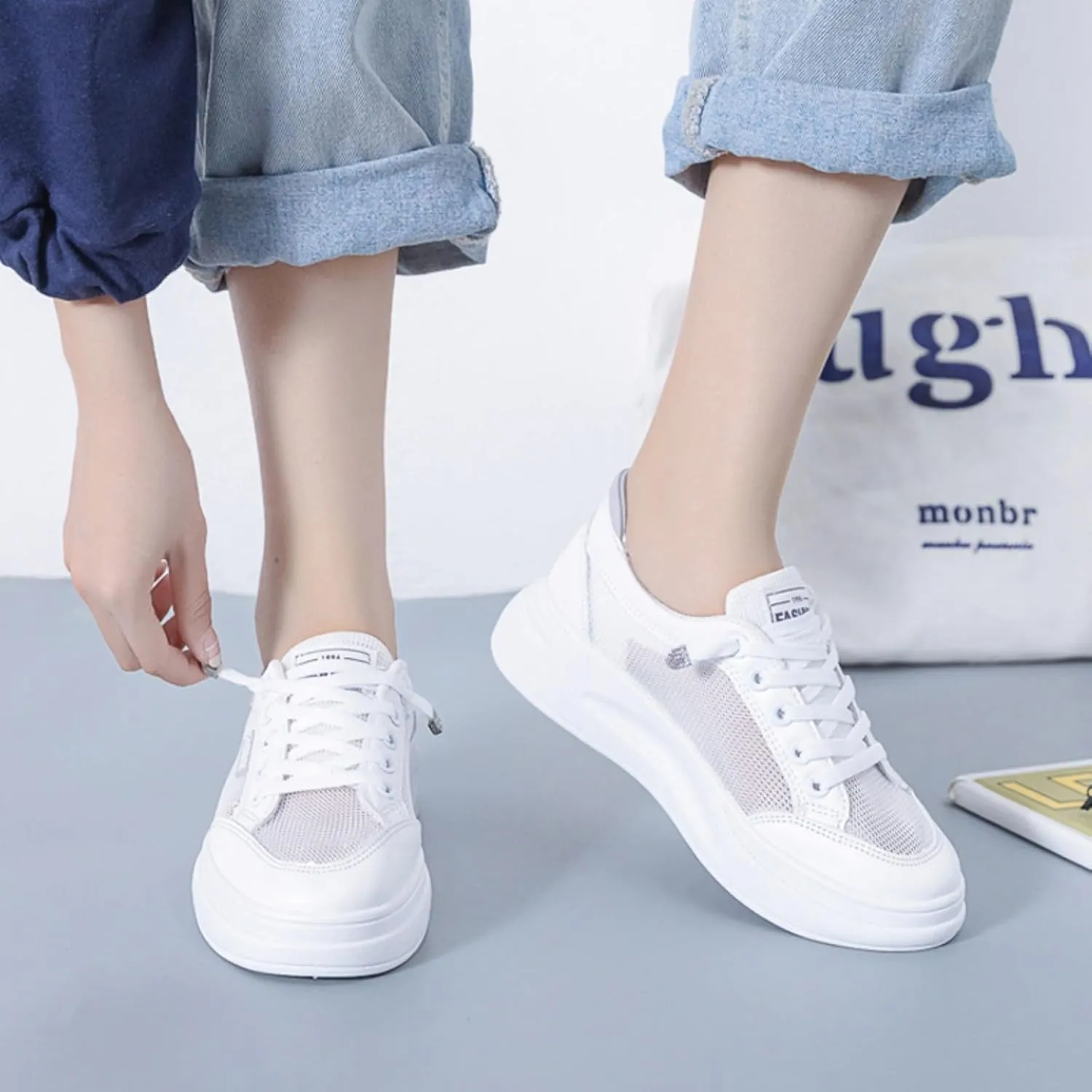 Women's Breathable Mesh White Sneakers Low Top Slip-On Tennis Shoes