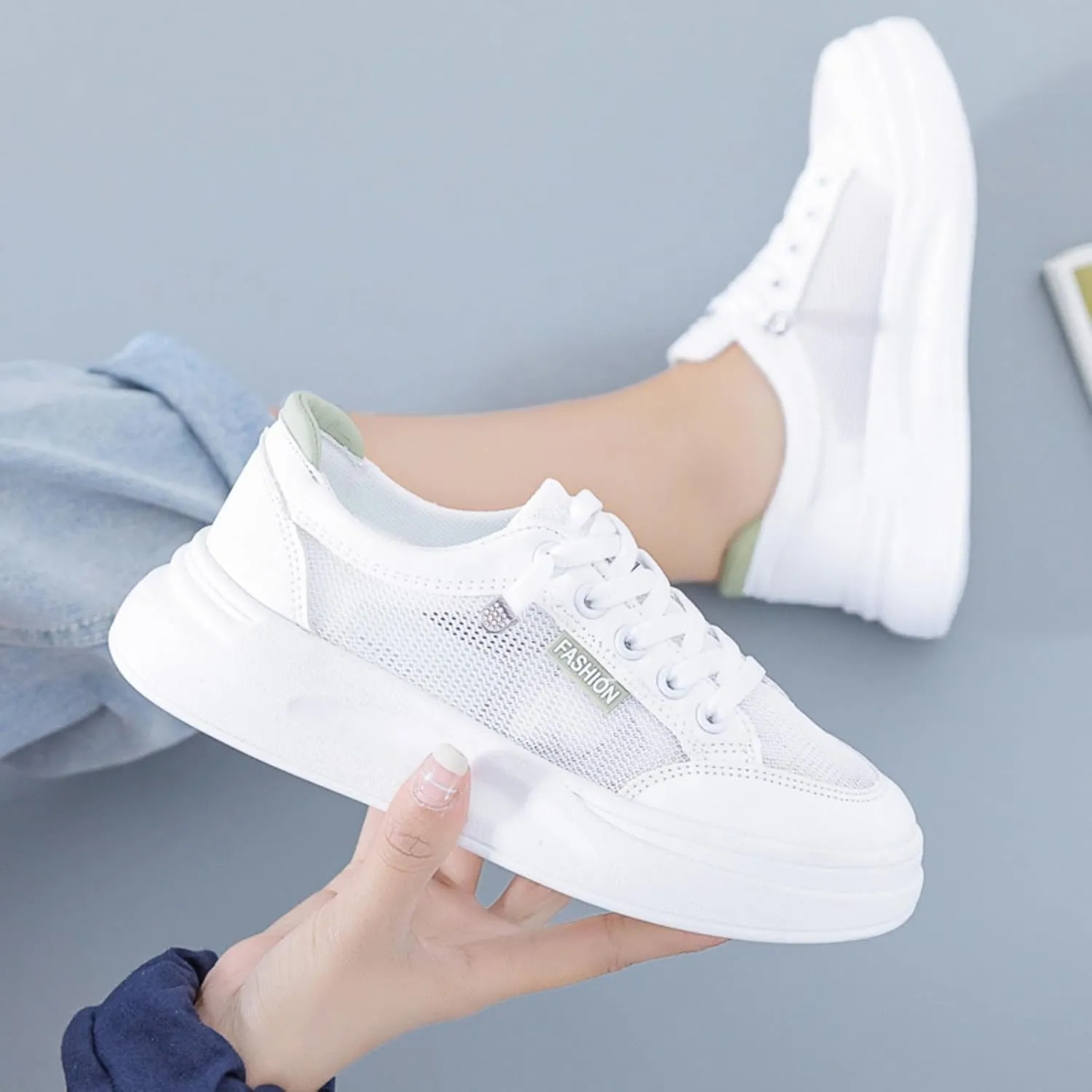 Women's Breathable Mesh White Sneakers Low Top Slip-On Tennis Shoes