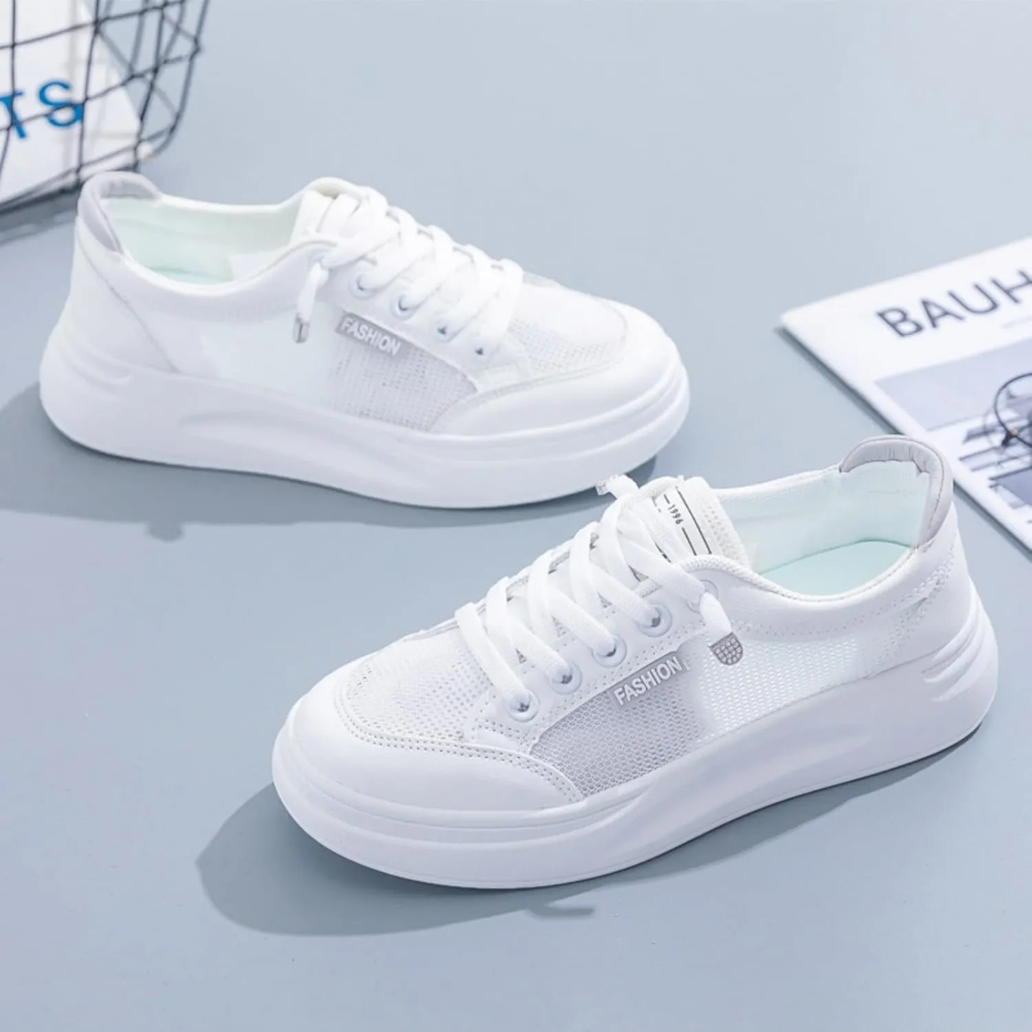 Women's Breathable Mesh White Sneakers Low Top Slip-On Tennis Shoes
