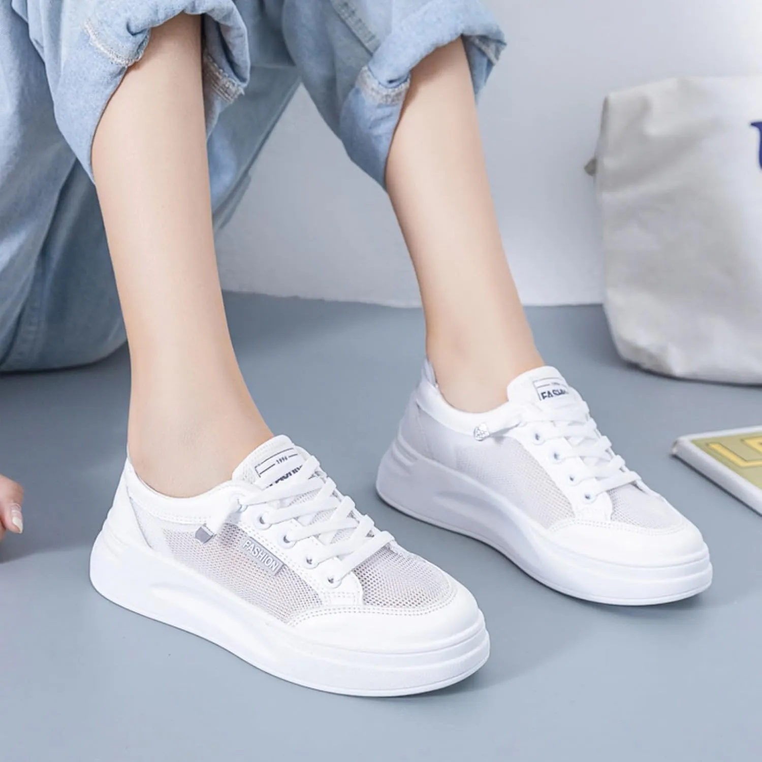 Women's Breathable Mesh White Sneakers Low Top Slip-On Tennis Shoes