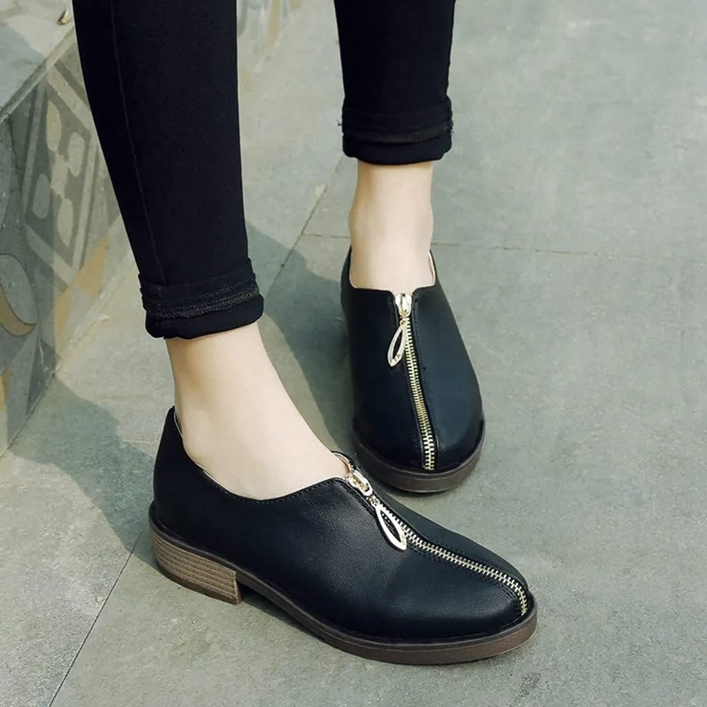 Women's Classic Oxford Shoes Round Toe Zipper Comfort Low Heel Western School Pump Oxfords Brogues