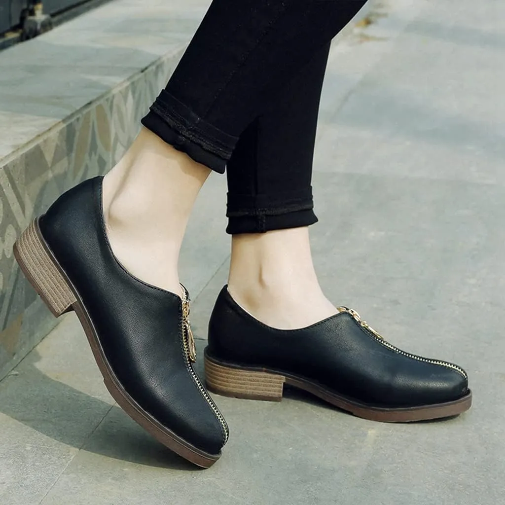 Women's Classic Oxford Shoes Round Toe Zipper Comfort Low Heel Western School Pump Oxfords Brogues