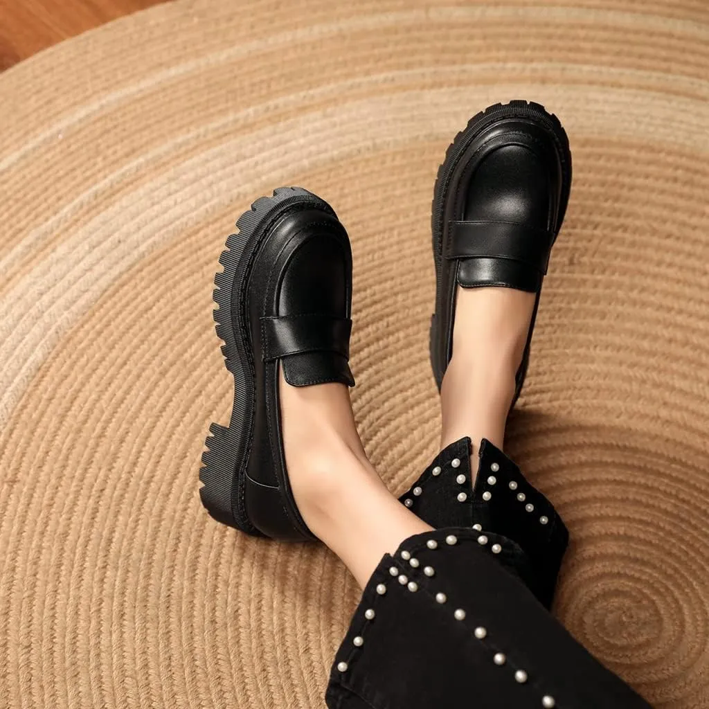 Women's Classic Slip On Penny Loafers Round Toe Leather Platform Mid Heel Dress Oxford Pump Shoes