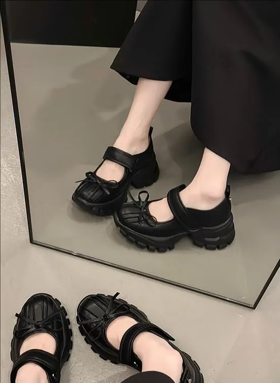 Women's Mary Janes Shoes Platform Round Toe Oxford Dress Shoes Gothic Ankle Strap Bow Vintage Classic Loafers (Black,7)